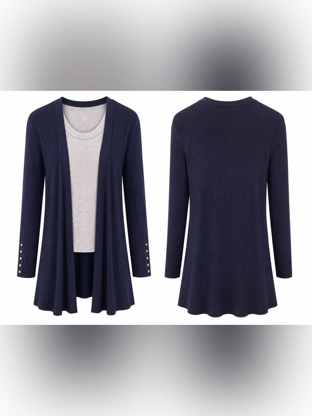 Talbots Navy Ribbed Open Front Long Cardigan Gold Button Cuffs